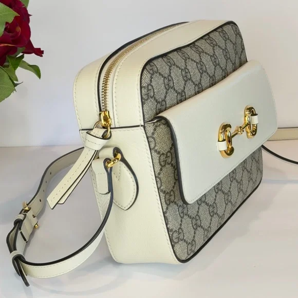 GUCCI Horsebit 1955 Ivory Brown Ebony GG Supreme Leather Crossbody Shoulder Bag - Picture 4 of 13